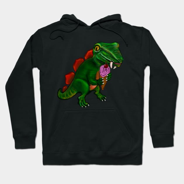 Dinosaur with ice cream  - green and orange dinosaur with sharp teeth fangs enjoying an ice cream treat with. Cherry on top Hoodie by Artonmytee